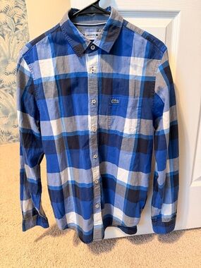 Lacoste Men's Blue & White Plaid Button-Down Shirt